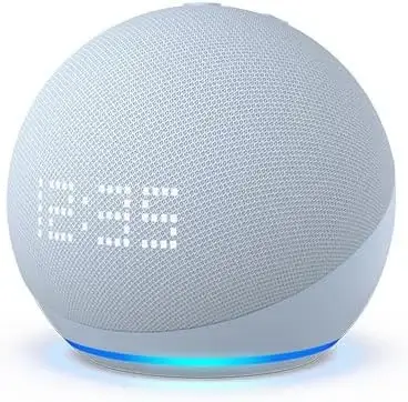 Amazon Echo Dot (5th Gen) with clock | Compact smart speaker with Alexa and enhanced LED display for at-a-glance clock, timers, weather, and more | Cloud Blue