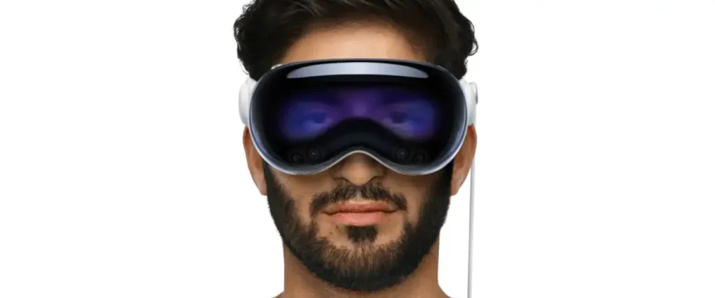 Man wearing a white virtual reality headset with dark lenses.