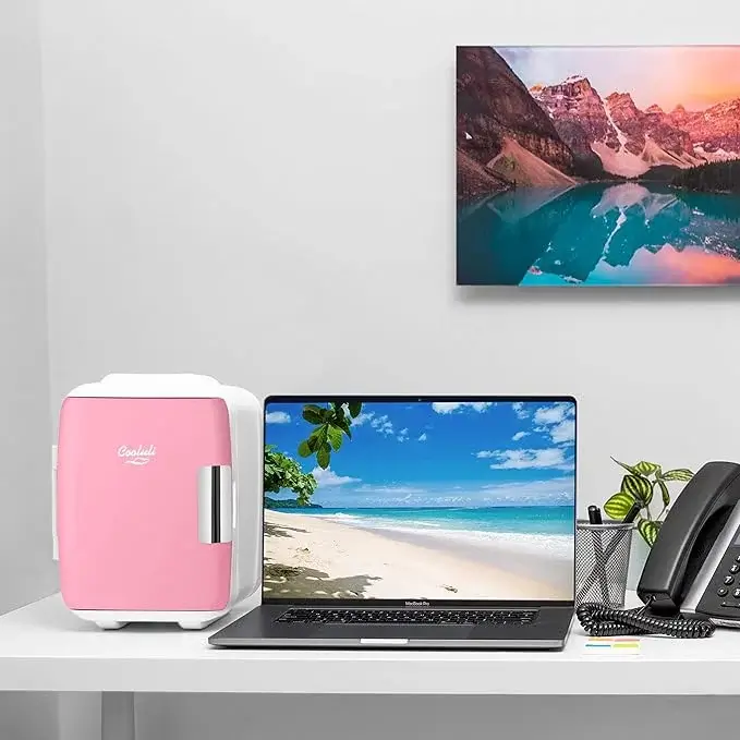 Cooluli Mini Fridge for Bedroom - Car, Office Desk & Dorm Room - Portable 4L/6 Can Electric Plug In Cooler & Warmer for Food, Drinks, Skincare Beauty & Makeup - 12v AC/DC & Exclusive USB Option, Pink