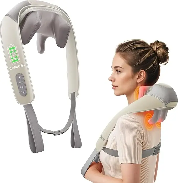 Cordless Neck Massager with Heat, 4D Deep Kneading Neck Shoulder Massager for Pain, Shiatsu Back Massager Pillow for Neck and Shoulder, Gifts for Men, Women
